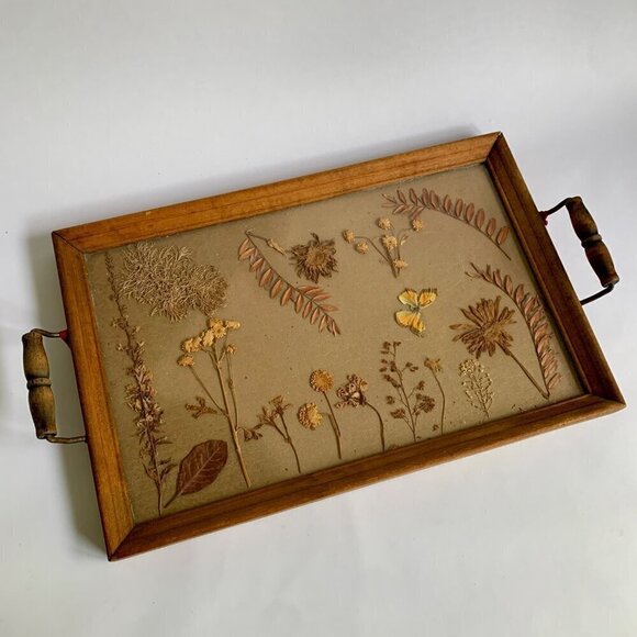 Vintage Wood Handled Serving Tray Pressed Flowers Butterfly Glass 1960s - Picture 1 of 8